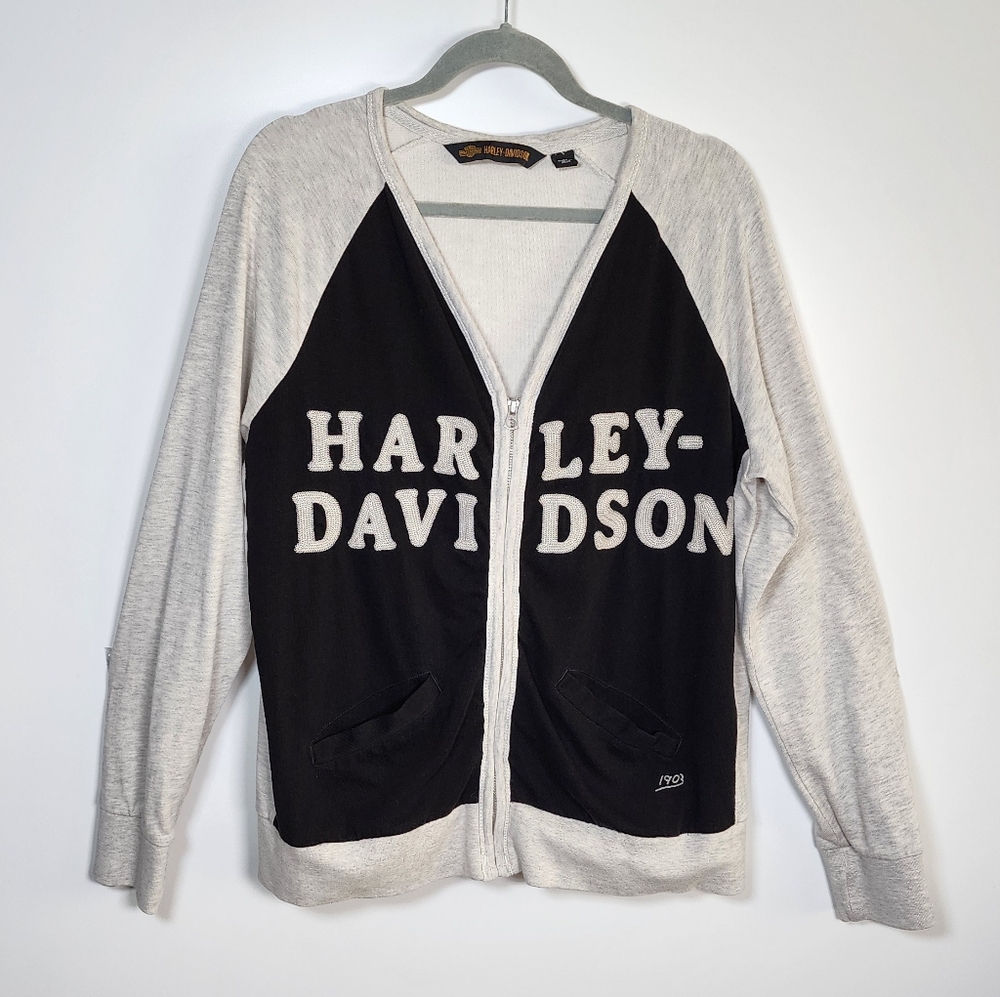 Harley Davidson Retro Grey Black Zip Front Cardigan Stitched Lettering XL